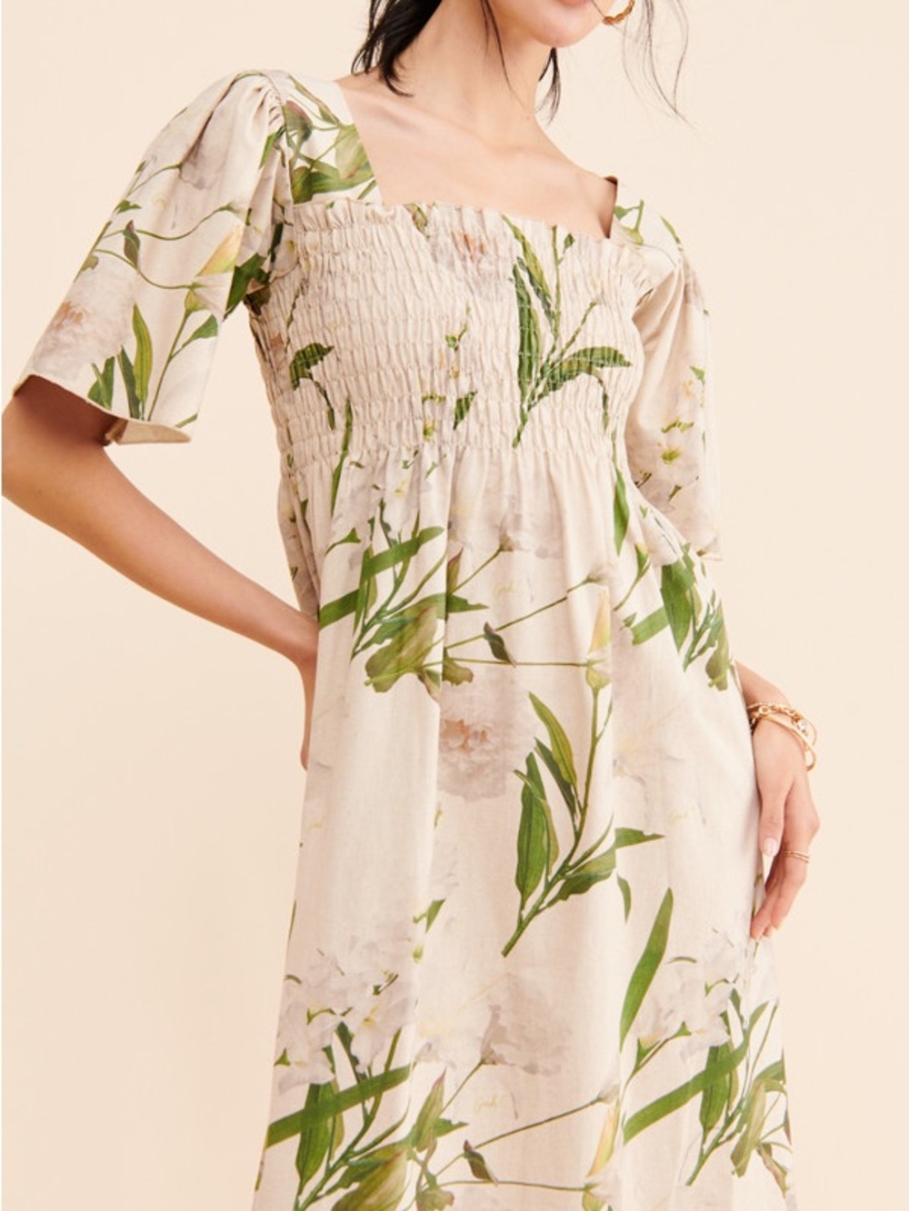 Lisa Says Gah Smocked Square-Neck Floral Midi Dress in Cream and Green - Picture 3 of 3